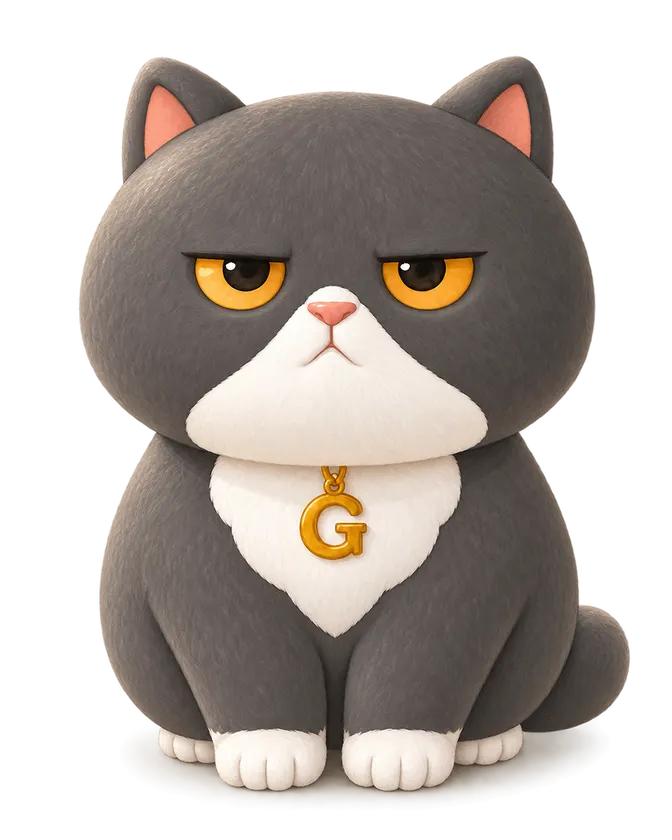 G, a round grey British Shorthair with amber eyes and a golden G pendant